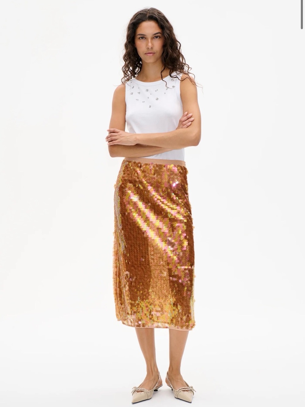 Baum und pferdgarten Sequin Midi Skirt in Shimmering Gold